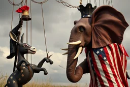 an evil puppetmaster towers above the democrat donkey and the republican elephant forcing them to fight