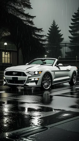 A white mustang GT convertible car as a soul, rain, dark, apart