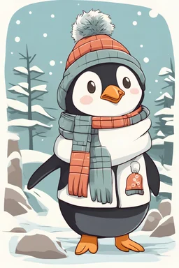 A cute cartoon penguin wearing winter clothes and a hat