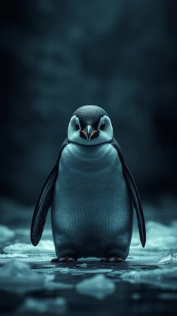 ,surrealism of the dark of a nightmare , hyper photorealistic, hyper detailed bright art color, high resolution, fog, octane render, tilt shift, HDRI Environment, all pictures dark gray, a front view of a sad penguin in the melted ice