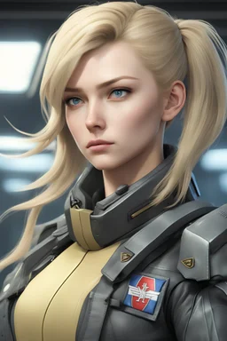 symmetry!!ultra realistic photo of blonde hair young woman!!, gundam series pilot commander, blue eyes, she is frowning, she is wearing a black leather gundam pilot uniform, iron cross on her arm, gundam ace pilot, zoomed out, highly detailed, smooth, sharp focus, 8 k, unreal engine