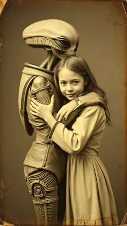 An old picture style of white and brown and very bad quality old Kodak camera with cracks of a beautiful girl hugging an Alien who is wearing a space suit, the year 1900