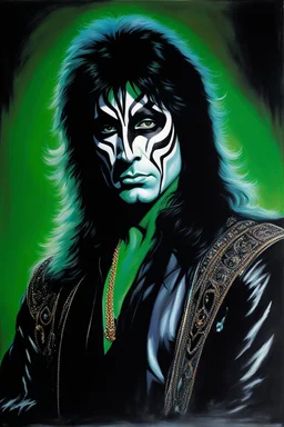 Head and shoulders image - oil painting by Scott Kendall - pitch Black solo record album with emerald overhead lighting - 30-year-old Peter Criss (Drummer) with shoulder length, wavy, straight black and gray hair, with his face made up to look like a cat's face - in the art style of Boris Vallejo, Frank Frazetta, Julie bell, Caravaggio, Rembrandt, Michelangelo, Picasso, Gilbert Stuart, Gerald Brom, Thomas Kinkade, Neal Adams, Jim Lee, Sanjulian, Thomas Kinkade, Jim Lee, Alex Ross,