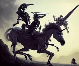 Epic photo of A unicorn being ridden by a skeleton, by greg rutkowski,