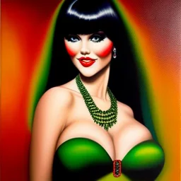 oil Portrait on canvas of busty beautiful young Vampirella with big crystal clear green eyes looking to viewer,realistic,intrincate detail, with ruby necklace by Adam hughes 16k