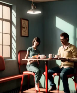 Realistic scene, man and woman sitting in cafeteria and having breakfast levitating, 0 gravity, Wes Anderson, soft color, highly detailed, unreal engine 5, ray tracing, RTX, lumen lighting, ultra detail, volumetric lighting, 3d, finely drawn, high definition, high resolution.