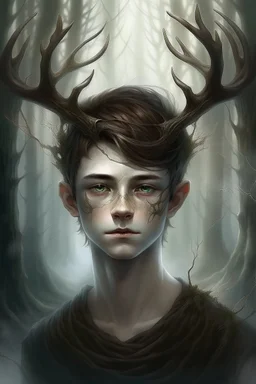 A fantasy portrait of a thin teen boy a with elegant antlers standing amongst a misty forest, pale skin, long wispy hair, lean and athletic, wearing loin cloth, dark background, growling light above, delicate line work, intricate details,