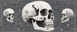 An Andy Warhol style illustration of a set of schematics for a cyborg skull, digital illustration, extreme detail, digital art, 4k, ultra hd, graphite pencil drawing, realistic, fine art, vray, 3d mandelbulber, octane 3d, digital painting, realistic and natural, cosmic sky, detailed full-color, hd photography, realistic surrealism, elements by dr. frankenstein detailed, gloss, hyperrealism, random neon wiring dayglo effects,and background color, industrial background, as a poster with more neon