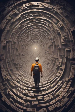 "Depict a miner navigating through a digital labyrinth, representing the challenges and triumphs of the Bitcoin mining journey."+