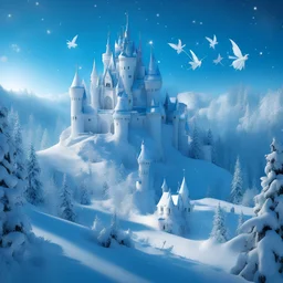 castle, snow, fairies, blue color