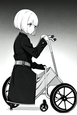 short hair girl passed out in a wheelchair, greyscale