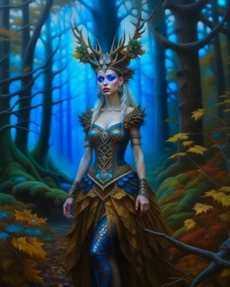 Pintura steampunk de una Reyna elfo en el bosque, coloreada, maximalista, calidad ultra, hiperdetallada, 12k