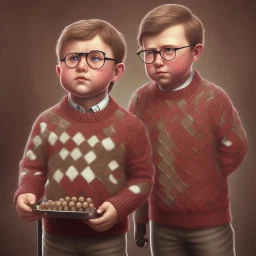 solo peter billingsley ((alone)) is a chubby kid with glasses, gripping a single Dark red soap bar, ((brown))argyle sweater