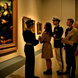 Mona Lisa comes out of the picture and kisses a young navy officer who is standing in the museum looking at her picture