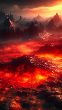 Lava lake in hell with land surrounding it, realistic close up