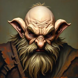 Dnd, fantasy, dwarf, handpainted by a renaissance artist, oil painting, head portrait, sturdy, mighty, grizzled, old, angry, barbarian, human ears