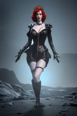 Christina Hendricks as evil queen in black leather gown, feminie, angry, stern look on her face, volouptous, busty, cleavage, emperious, mature, unreal 5, octane render,cinema4d, dynamic lighting, dramatic lighting, 4k, redshift render, highly detailed, hyper realistic, inside dungeon