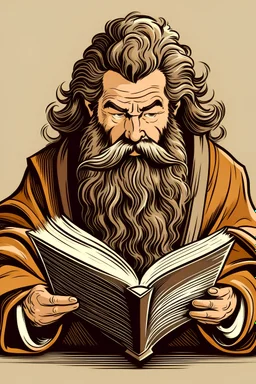 Make a image of monk having big hairs and beard reading a book