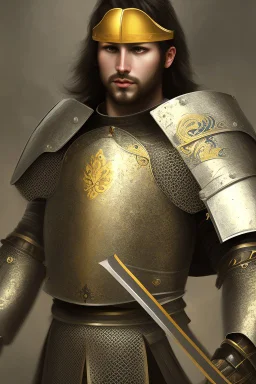 A handsome 30 year old knight, black hair, male bob haircut, in black-and-gold plate armor, golden katana in both hands, no beard, european