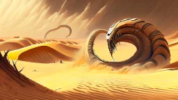 In the desert in the dunes a large sandworm full screen, concept art