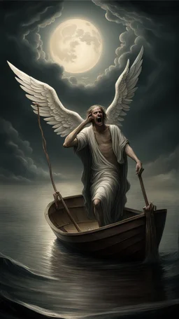 Charon in his boat wearing crying angel