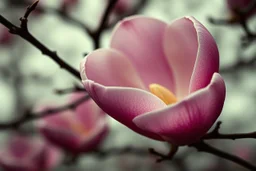 Melancholic, ultra-realistic vintage photograph of a The magnolia, atmosphere of quiet sadness and timeless beauty, cinematic, hyper-detailed, emotional and mesmerizing, bloom, aesthetic photo
