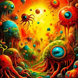 a high definition screen shot of a ancient comic book cover detailing the creatures found on other worlds, retrofuturistic, phototrealism, Macabre Rapture End of days Revelation scene, isanely detailed matte oil painting, sinner apotheosis,diagonal composition, unbalanced, abstract surreal horror, eerie, scary warm a colorful splash of steampunk bubbles , amazing splashscreen artwork, photoshop water art, liquid painting, swirling paint colors, ink splash, super mario