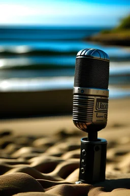 Imagen de un microfono grabado con el nombre visible "luchoband" y un mate argentino grabado en el fondo con la siguiente leyenda lucho band todo en la misma imagen en una playa