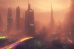 a cinematic view of a big future city, the roads are made from rainbows