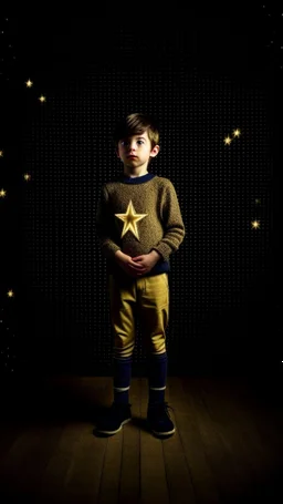 full body studio photography of a boy holding a star, vintage, eerie atmosphere, contrasting reflections, hard light, kodak 400 handles, hd