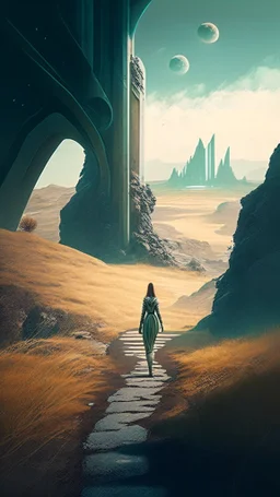 pathway with sci-fi landscape and woman looking down