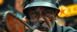 close up portrait of a blody ramen bucket that looks like a chain saw wielded by serious angry law man, in china, george clooney