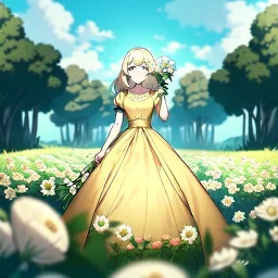 anime girl holding on to a flower and blowing the dried seeds into the air as the wind carries them away. outdoors scene.anime girl standing in a meadow of flowers. thw wind is blowing flower pedals into the wind. girl wearing yellow dress. more emphasis on seeds floating in the air. lots of seeds floating the air. lots of flower pedals floating the air behind the girl. rose pedals all over the place