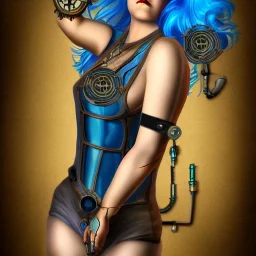 steampunk, body, woman, rendering, blue hair, electric circuits, steam, torn crown, highlights