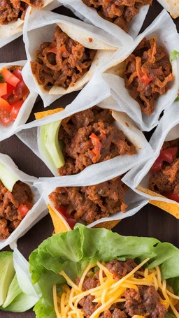 "Taco in a Bag" which consists of an open Doritos chip bag with sides rolled down, containing Doritos chips and cooked ground beef and lettuce and shredded cheese and chopped tomato pepper and onions and topped with more nacho chips, food blogger photography