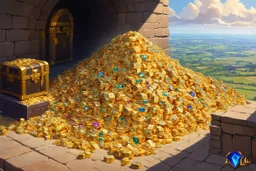 dnd, fantasy, watercolour, large strokes, stylistic, dungeon, piles of gold, chests full of gold, various gems, various riches, opulent, grandiose, large picture with a view stretching far