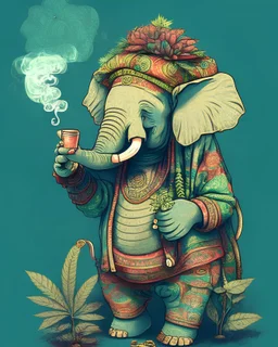 anthropomorphic elephant in hippie clothes smoking a joint amongst sativa and indica