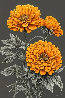 Marigold birthflower line art, paintin, with both realistic hues orange and yellow, realistic painting