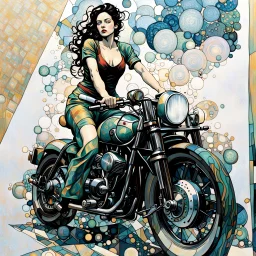 create a highly abstract cubist, ethereal, darkly magical full body illustration of a dark haired girl on her motorcycle, with highly detailed and deeply cut facial features, in the style of GUSTAV KLIMT, EDWARD BURNE-JONES, WILLIAM MORRIS, and KATHE KOLLWITZ combined with the comic art style of BILL SIENKIEWICZ and JEAN GIRAUD MOEBIUS, searing lines and forceful strokes, precisely drawn, inked, and darkly colored