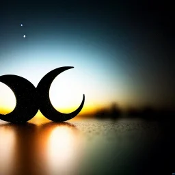 Two large crescent moon with shiny stars, dark, hazy, macro photography, tilt shift blur, high definition, 8k, beautiful, night sky, wind, stars, detailed warped, water droplets, bat silhouette