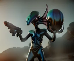 Alien, mask, squid, metal, holding gun, pauldron, scales