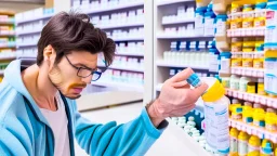 guy eating pills at pharmacy counter