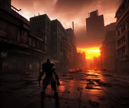 warrior, barbarian, post-apocalyptic, dystopian city, ultra realistic + high contrast, sunset, wet streets + photorealism + ray tracing + unreal engine 5 + ultra detailed, 8k, hdr, hr --v 4