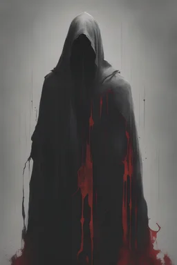 book cover of a cloaked figure facing away from the viewer. head turned to the left. left arm posing with blood dripping from it.