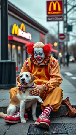 A sad homeless clown sitting with his dog in the street McDonald’s clown