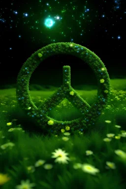 Peace sign made of stardust and water and flowers. Green fields as Background