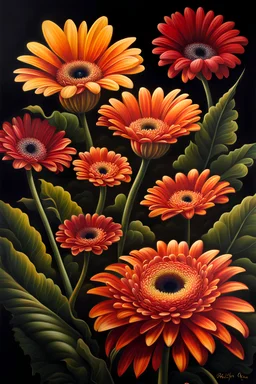 close up of a Fantasy miniscule gerbera daisy, the daily has extra-large googly 3D eyes, and fantasy flowers and trees professional award-winning masterpiece rich colored airbrush oil painting on canvas Atmospheric extremely detailed