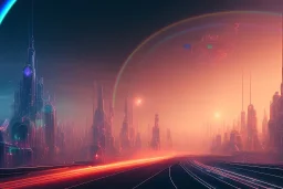 a cinematic view of a big future city but all the roads are rainbows