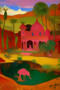 A purplish magenta Egyptian spider palace in a desert painted by Paul Gauguin