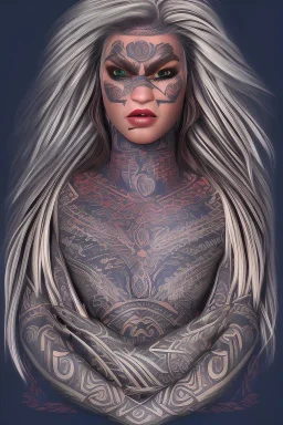  Portrait voluptuous female Maori Chief iron maiden rainbow Maori tribal tattoos, bow with arrows, full detail, 4k, style of Cosmopolitan golden hair